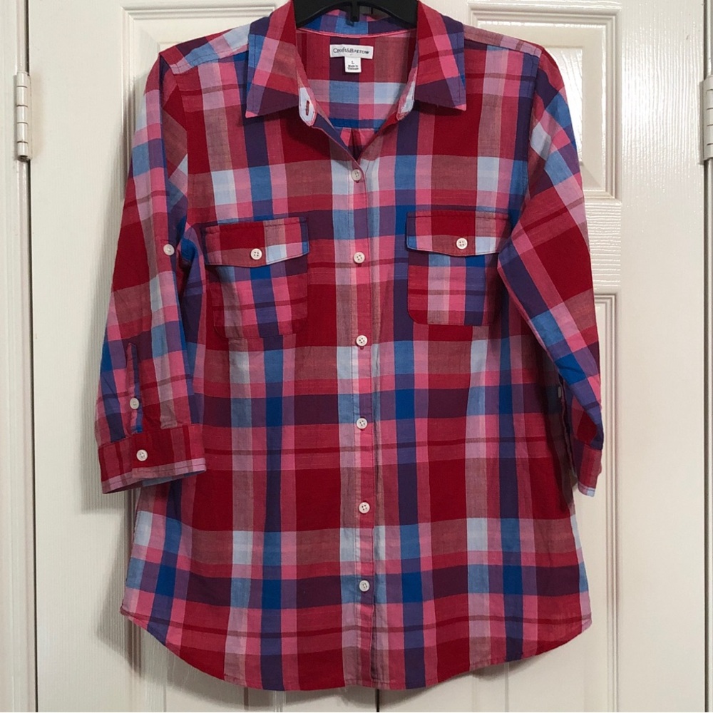 Croft & Barrow Red and Blue Plaid Blouse Size Large Three Quarter Sleeve